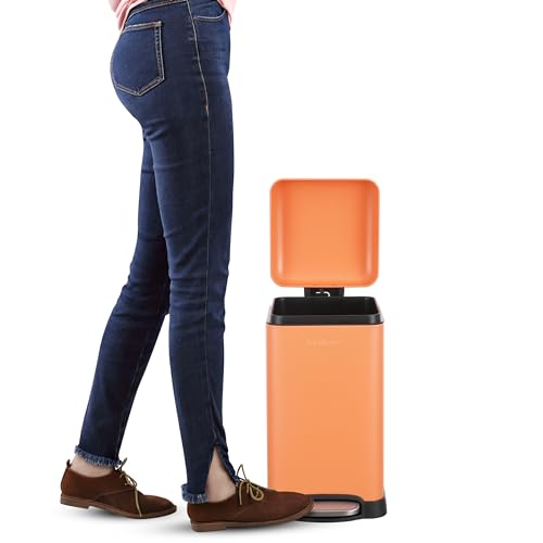 happimess Betty Retro Mini 3.2 Gal Step Trash Can, Carrot Cake | Soft-Close Lid, Removable Liner, Iron, Hands-Free Pedal, Satin Finish, Non-Skid Base, Built-In Damper, Modern, Minimalistic - color: Carrot Cake