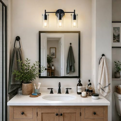 Indoi Bathroom Light Fixtures, 3-Light Matte Black Vanity Light, Black Bathroom Lights Over Mirror with Clear Glass Shade, Wall Sconces for Mirror Bedroom Living Room Hallway - color: Matte Black