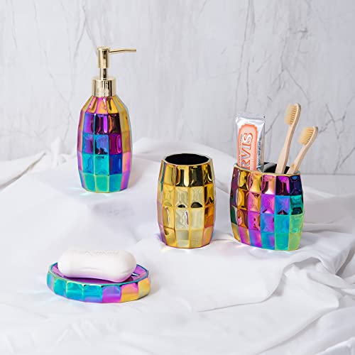 Rainbow Bathroom Accessory Set, Colorful/Gold Mosaic Ceramic Bathroom Accessories Sets Includes Lotion Dispenser, Toothbrush Holder Tumbler, and Soap Dish - color: Rainbow