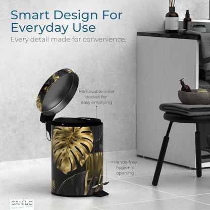 Sanilo Small Bathroom Trash Can with Lid [1.3 Gallon] - Lidded Tiny Trashcan for Garbage - Mini Metal Bin with Soft Closing Mechanism - Bath Room Accessoire Wastebin with Inner Bucket (Golden Leaves) - color: Golden Leaves