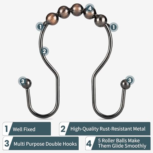 Shower Curtain Hooks, OEH Shower Curtain Rings, Bronze Shower Curtain Hooks Rust Proof, Smooth Gliding Metal Shower Curtain Rings Rust Proof, Double Shower Hooks for Shower Curtain, 12 Pcs, Bronze - color: Bronze, size: Classic Double Hooks