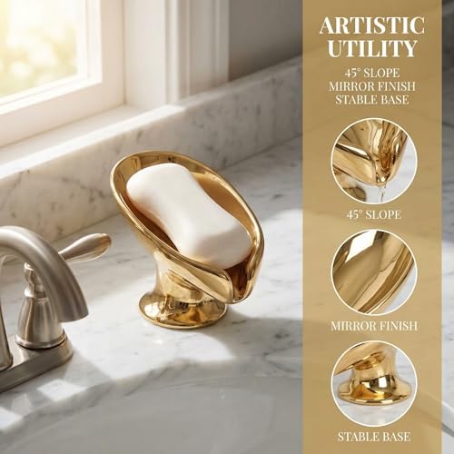 Bar Soap Holder, Soap Dish for Shower, Self Draining Soap Dish, Metallic Glossy Ceramic Soap Holder, Used for Sinks, Bathrooms, Showers,Kitchens (Golden) - color: Golden