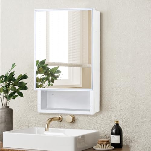 Plastic Medicine Cabinet with Mirror 16x26 inch, Recessed Medicine Cabinet or Surface Wall Mount Bathroom Cabinets with Removable Shelves, White Framed Mirror Cabinet - style: CS5003-1626