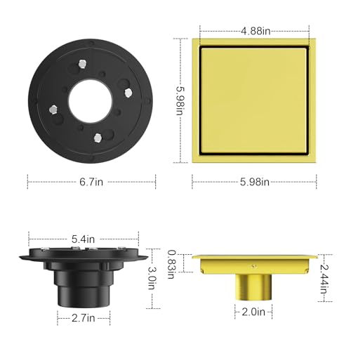 6 Inch Shower Drain Gold with Tile Insert Grate, Floor Drain Brushed 304 Stainless Steel, Including Hair Strainer - color: Gold, size: 6 IN