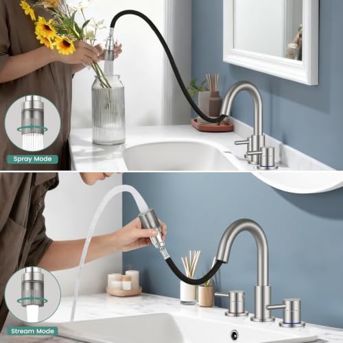 Bathroom Sink Faucet 3 Hole with Pull Down Sprayer, Brushed Nickel | Lead-free stainless steel, pop-up drain, 2-handle, 360°swivel, 8-inch widespread Faucet for RV/vanity sink, 3-hole mount - color: 2-Brushed Nickel, style: 8 Inch Pull Down
