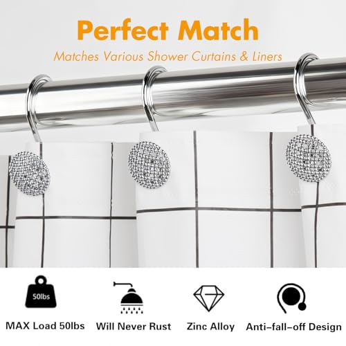 Pearlbee Chrome Shower Curtain Hooks, Round Beaded Design 12Pcs Zinc Alloy | Rustproof heavy duty, 4mm silver zinc alloy,Rrustproof, anti-drop, Smooth glide,Fits shower curtain & liner,Modern Decorative - color: Chrome