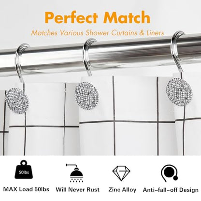 Pearlbee Chrome Shower Curtain Hooks, Round Beaded Design 12Pcs Zinc Alloy | Rustproof heavy duty, 4mm silver zinc alloy,Rrustproof, anti-drop, Smooth glide,Fits shower curtain & liner,Modern Decorative - color: Chrome