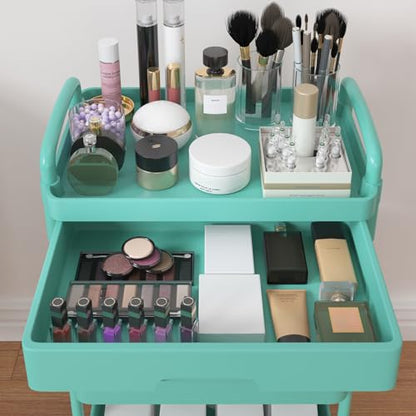 Calmootey 3-Tier Rolling Utility Cart with Drawer,Multifunctional Storage Organizer with Plastic Shelf & Metal Wheel,Storage Cart for Kitchen,Bathroom,Living Room,Office,Green | Space-Saving Organizer, Sturdy Plastic Shelves, Smooth-Rolling Metal Wheels,