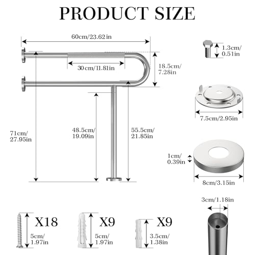 Toilet Grab Bar Support Rail 23.6 Inch, Anti-Slip Knurled Brushed Nickel Safety Bar, Handicap Bathroom Handrails for Elderly Disabled Pregnant, 304 Stainless Steel Wall to Floor - size: 23.6in