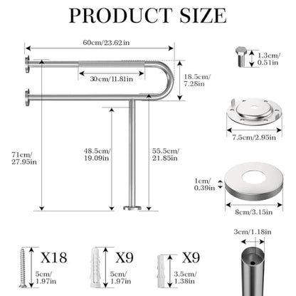 Toilet Grab Bar Support Rail 23.6 Inch, Anti-Slip Knurled Brushed Nickel Safety Bar, Handicap Bathroom Handrails for Elderly Disabled Pregnant, 304 Stainless Steel Wall to Floor - size: 23.6in
