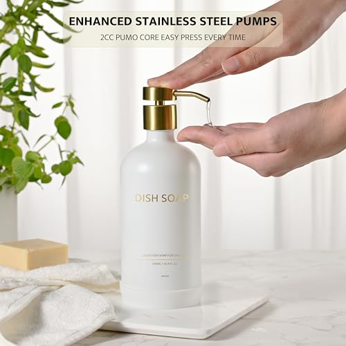 Glass Soap Dispenser Bathroom Set by Janxin, Foaming Kitchen soap Dispenser with Ceramic Tray for Dish Soap, Liquid Soap Dispenser for Hand Soap, Lotion, Body Wash (White+Gold) - color: White Gold D
