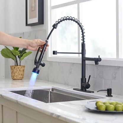 Fapully LED Commercial Kitchen Faucets with Pull Down Sprayer Matte Black | Single Handle Faucet for Kitchen Sink, Kitchen Faucet with Soap Dispenser and Deck Plack for 4 Hole - color: Matte Black, style: Rustic