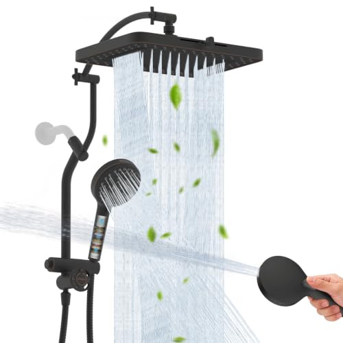 Hibbent 13'' Showerhead Combo, 10 Mode Filtered Handheld, Oil-Rubbed Bronze | High Pressure 5-Spray Showerhead, 4-way Diverter, Upgraded Heightened All Metal Extension Arm, 71'' Hose & Holder, Easy Reach - color: Oil Rubbed Bronze, style: Square 13" with