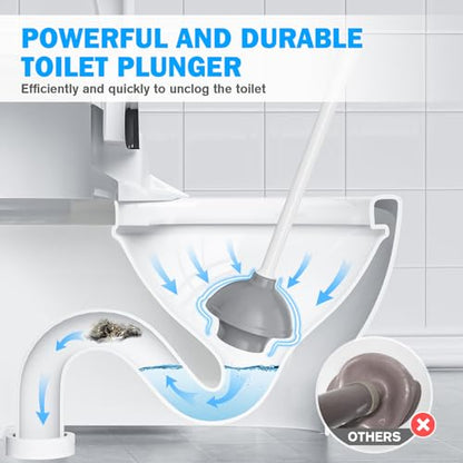 Toilet Plunger and Brush Set, 2 Pack Silicone Bowl Brush and Heavy Duty Toilet Plunger with Ventilated Holder, 2-in-1 Toilet Brush and Plunger Combo for Bathroom Deeply Cleaning (White & Grey)
