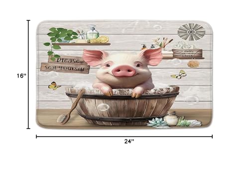 Funny Pig Bathroom Rugs Farmhouse Animal in Bathtub Farm Rustic Bathing Bubbles Cute Country Wooden Positive Word Bath Mat Bedroom Kitchen Toilet Floor Doormat 16x24 - size: 16x24