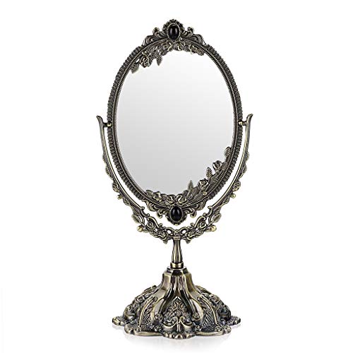 JUXYES Metal Tabletop Antique Decorative Makeup Mirror with Stand | Vintage 360° Swivel Double Sided Cosmetic Mirror with Frame, Retro Desktop Dressing Mirror Magic Mirror for Dresser, Bronze - color: Antique Bronze, size: 11.5"L x 5"W