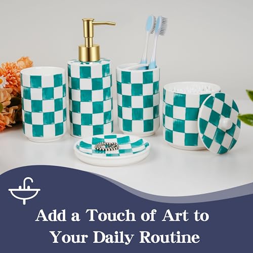 Ceramic Bathroom Soap Dispenser Set, Checkered Bathroom Vanity Set with Lotion Pump, Toothbrush Holder, Soap Dish & Storage Jar, Modern Bathroom Sink Accessories (Green) - style: Green