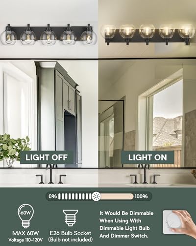 5-Light Matte Black Bathroom Vanity Light, Clear Glass Globe Shade | 32" modern bathroom light fixtures over mirror, E26 base, bulbs not included, VL195-MB-CL-5 - color: Black, Clear Glass, size: 5-light