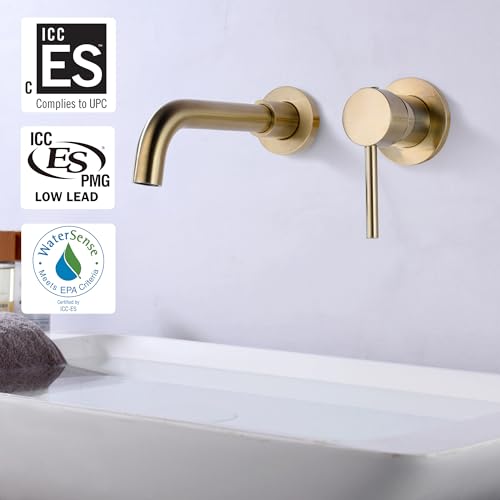 Sumerain Wall Mount Bathroom Faucet Brushed Gold,Single Handle with Brass Rough-in Valve - color: Brushed Gold, size: Right-Handed