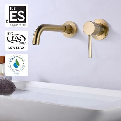 Sumerain Wall Mount Bathroom Faucet Brushed Gold,Single Handle with Brass Rough-in Valve - color: Brushed Gold, size: Right-Handed
