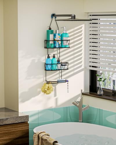 HapiRm Hanging Shower Caddy, Rustproof & Waterproof Shower Organizer with Soap Holder & 4 Hooks, No Drilling Hanging Bathroom Shelf for Bathroom - Black