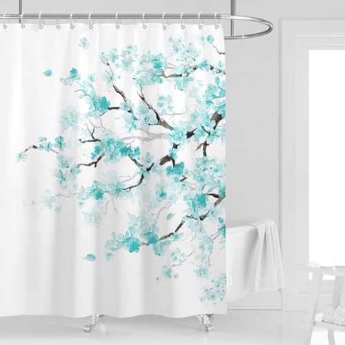 Teal Floral Shower Curtain, Japanese, 12 Hooks, 60" W x 72" L | Turquoise Sakura Pattern, Elegant Cherry Blossom Art, Romantic Nature Style, Cute Girly Aesthetic Bathroom Decor - color: Teal White, size: 60"W x 72"L (Pack of 1)
