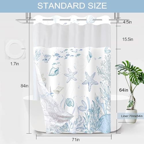 Extra Long No Hook Shower Curtain and Liner Set, Blue Beach Coastal 71x84 | Nautical Ocean for Bathroom, with Snap in Liner Replacement, Mesh Top Window, Waterproof, Machine Washable, Quick-Drying - color: Blue, size: 71"W x 84"L (Pack of 1)