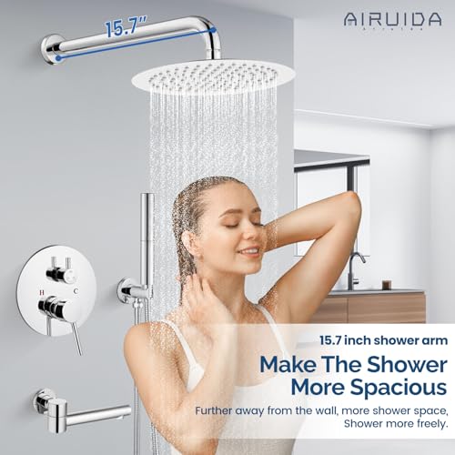 Airuida 3-Function Shower System with Tub Spout – Round Rainfall Shower Faucet Combo,Handheld Spray with 2 Functions,Includes Rough-In Valve with 360° Rotating Drain,10 Inch Shower Head,Chrome Polish - color: Chrome Polish, size: 10 Inch