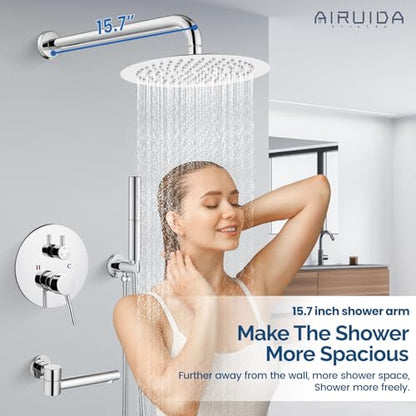 Airuida 3-Function Shower System with Tub Spout – Round Rainfall Shower Faucet Combo,Handheld Spray with 2 Functions,Includes Rough-In Valve with 360° Rotating Drain,10 Inch Shower Head,Chrome Polish - color: Chrome Polish, size: 10 Inch