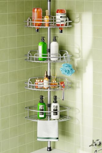 HAMITOR Corner Shower Caddy Tension Pole: 4-Tier Rust-Resistant Adjustable Bathroom Organizer Shelves - 47.72-123.6 Inch No-Drill Quick Install - Space-Saving Storage for Renters Family - Silver Gray - color: Silver Gray
