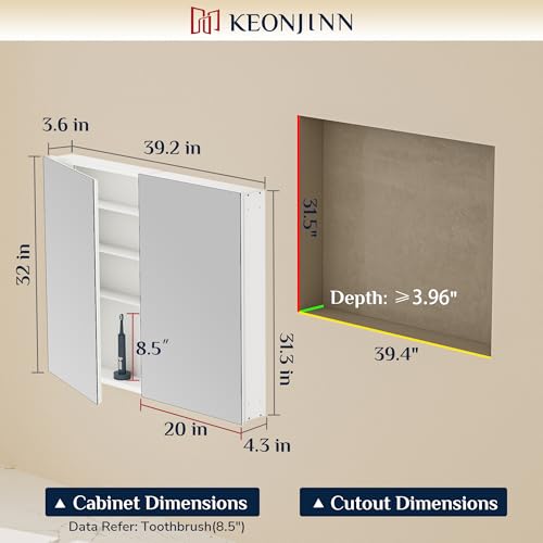 Keonjinn 40 x 32 Inch Large Medicine Cabinet for Bathroom, Silver Lightweight Combined Double Doors Mirrored Cabinet, Assembly Needed, Recessed or Wall Mount, Flexiable Ample Storage, Soft Closing | Assembly Needed, Lightweight Combined Double Doors, Rece