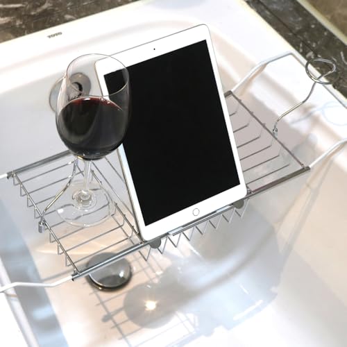 Expandable Bathtub Caddy Tray with Wine Holder & Reading Rack,Silver | Adjustable 20"-38" fits most tubs,Includes Soap Dish Wine Holder and Laptop Reading Rack,Bathtub Tray for Home - color: Silver
