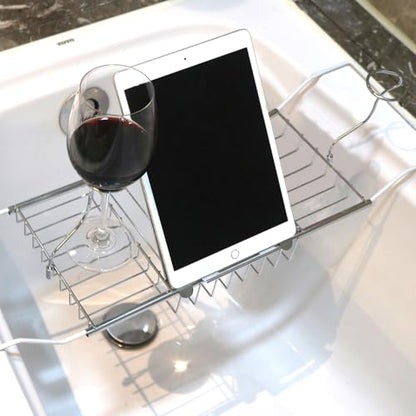 Expandable Bathtub Caddy Tray with Wine Holder & Reading Rack,Silver | Adjustable 20"-38" fits most tubs,Includes Soap Dish Wine Holder and Laptop Reading Rack,Bathtub Tray for Home - color: Silver