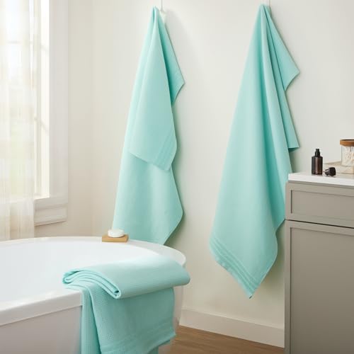 TOWN & COUNTRY BASICS 4-Piece Waffle Woven Terry Stripe Bath Towel Set, 30x56-Inch, 100% Cotton, Quick Dry, Aqua - color: Mint Blue
