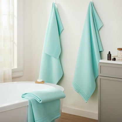 TOWN & COUNTRY BASICS 4-Piece Waffle Woven Terry Stripe Bath Towel Set, 30x56-Inch, 100% Cotton, Quick Dry, Aqua - color: Mint Blue