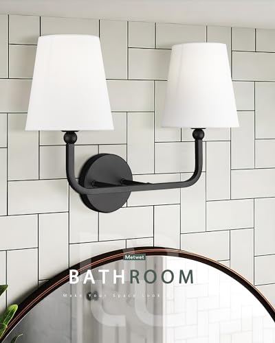2-Light Matte Black Bathroom Vanity Light, White Fabric Shades | 17" double wall sconce, upward only, E26 base, hardwired, bulbs not included, VL837-MB-2 - color: Matte Black, size: 2-light