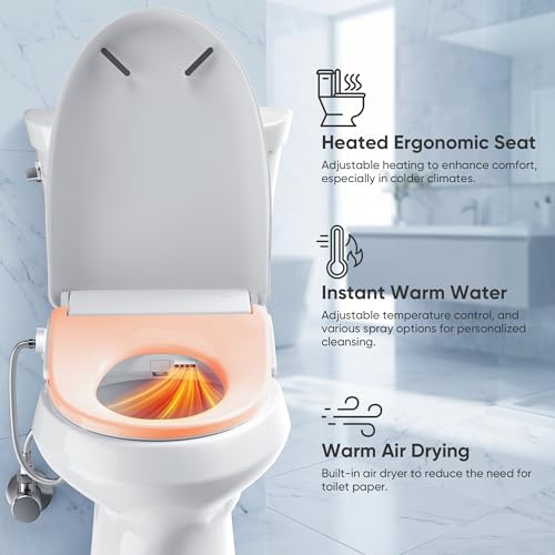 Electric Bidet Toilet Seat with Upgraded Foam Shield, Instant Warm Bidet Wash & Warm Air Dryer, Self-Cleaning Stainless Steel Nozzle, Soft Close Lid, Elongated
