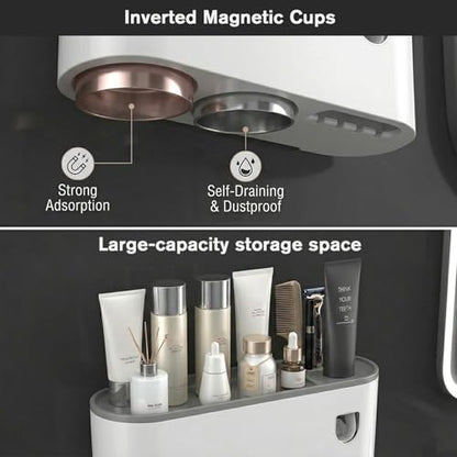 Multifunctional Wall-Mounted Toothbrush Holder, Automatic Toothpaste Dispenser Space Saving Toothbrush and Toothpaste Holder, with 2 Cup and Cosmetic Organizer (Gray 2Cup)