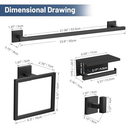 TURS 5-Pieces Matte Black Bathroom Hardware Accessories Set 23.6" Towel Bar Set Wall Mounted Square Toilet Paper Holder with Shelf Stainless Steel - color: Matte Black