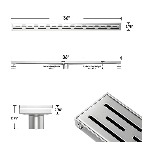 Linear Shower Drain 36" Brushed 304 Stainless Steel | with Drain Grate | Fast Drainage | Stainless Floor Drain Grate | Hair Strainer | Drain Key | The Upgrade for Your Bathroom - size: 36 Inch