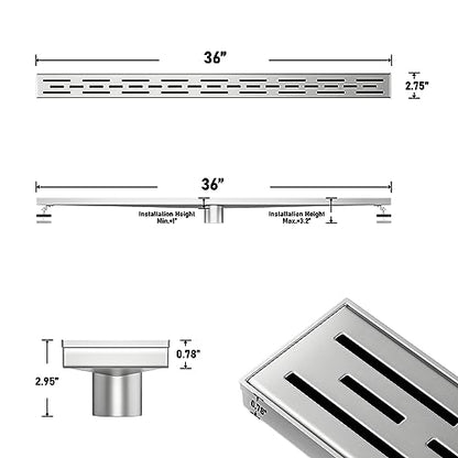 Linear Shower Drain 36" Brushed 304 Stainless Steel | with Drain Grate | Fast Drainage | Stainless Floor Drain Grate | Hair Strainer | Drain Key | The Upgrade for Your Bathroom - size: 36 Inch