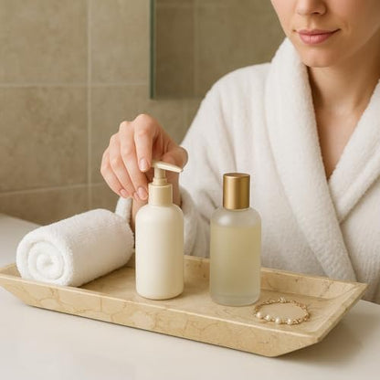 Creative Home Natural Champagne Marble Rectangular Vanity Tray Towel Tray Boat Shaped Tray Bathroom Accessories Organizer for Bathroom Countertop, Kitchen Sink, Jewelry, 16.5" x 6.3" x 1.5" H, Beige - size: 16.5" x 6.3" x 1.5", style: Boat Shaped Tray