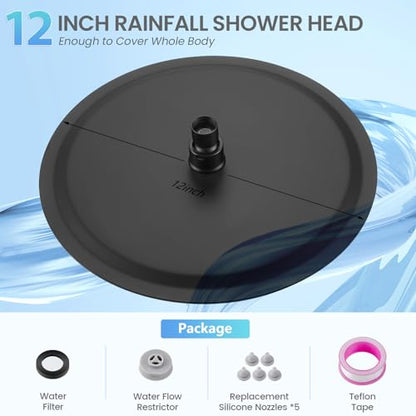 12 inch Matte Black Rainfall Shower Head - All Metal Stainless Steel Full Body Round Rain Shower with 120 Silicone Nozzles - color: Matte Black, size: 12 Inch