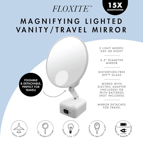 Floxite FL-615-2 15X magnifying mirror with light, Lighted travel makeup mirror with light and magnification, Round, LED, Tabletop, Portable vanity mirror for desk bathroom, electric plug in, personal