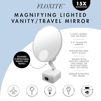 Floxite FL-615-2 15X magnifying mirror with light, Lighted travel makeup mirror with light and magnification, Round, LED, Tabletop, Portable vanity mirror for desk bathroom, electric plug in, personal