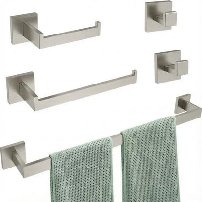 5-Piece Bathroom Hardware Set, 23.6 in Towel Bar, Brushed Nickel | 304 stainless steel, towel ring, toilet paper holder, 2 robe hooks, wall-mounted, installation hardware included - color: Brushed Nickel