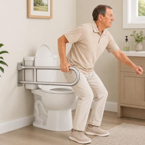 Flip UP Toilet Safety Rail Stainless Steel Silver: Modunful Brushed SUS304 Grab Bar with Arm Support - 23.6" Width, 400 lbs Capacity for Elderly, Disabled, Bathroom, Wide Base - color: S-2931.Silver