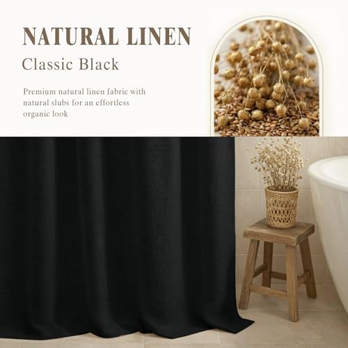Linen Shower Curtain Black Boho Farmhouse 72" W x 96" L | Linen Fabric, Boho Farmhouse, Woven Texture, Natural Cloth, Elegant Drape, Washable, Shower Curtain for Bathroom Bathtub - color: Flax-black, size: 72"W x 96"L