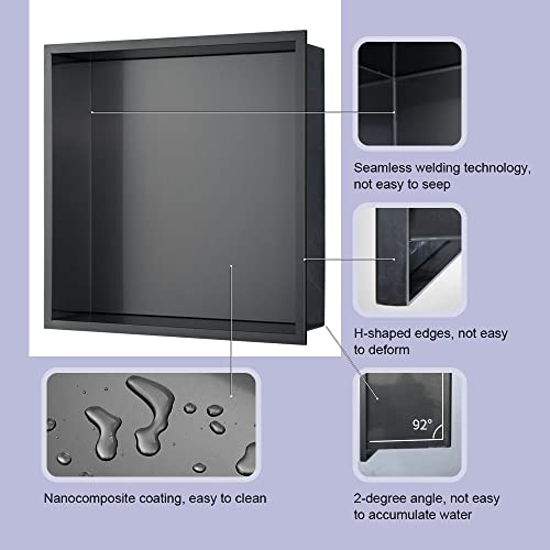 Shower Niche, 14"x14" No Tile Needed, The Insert Storage Square Shower Shelf is Easy to Install, Stainless Steel, Black grey - size: 14"x14"