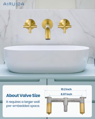 Airuida Solid Brass Antique Brass Wall Mount Bathroom Faucet | 360° Swivel Spout,Rough in Valve,2 Cross Handle,3 Hole,Widespread - color: Antique Brass